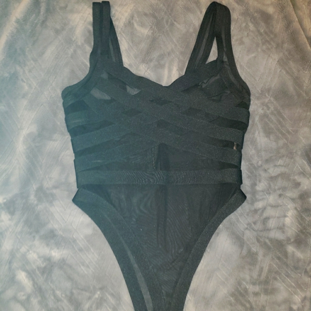 Black sheer Bodycon bodysuit.